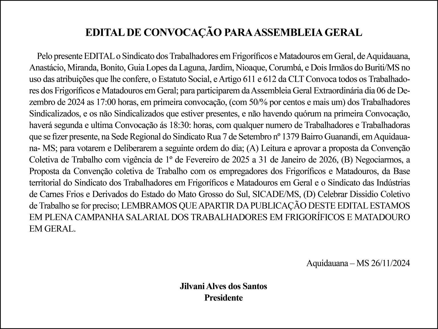 Sindicato convoca trabalhadores em frigorífico para Assembleia