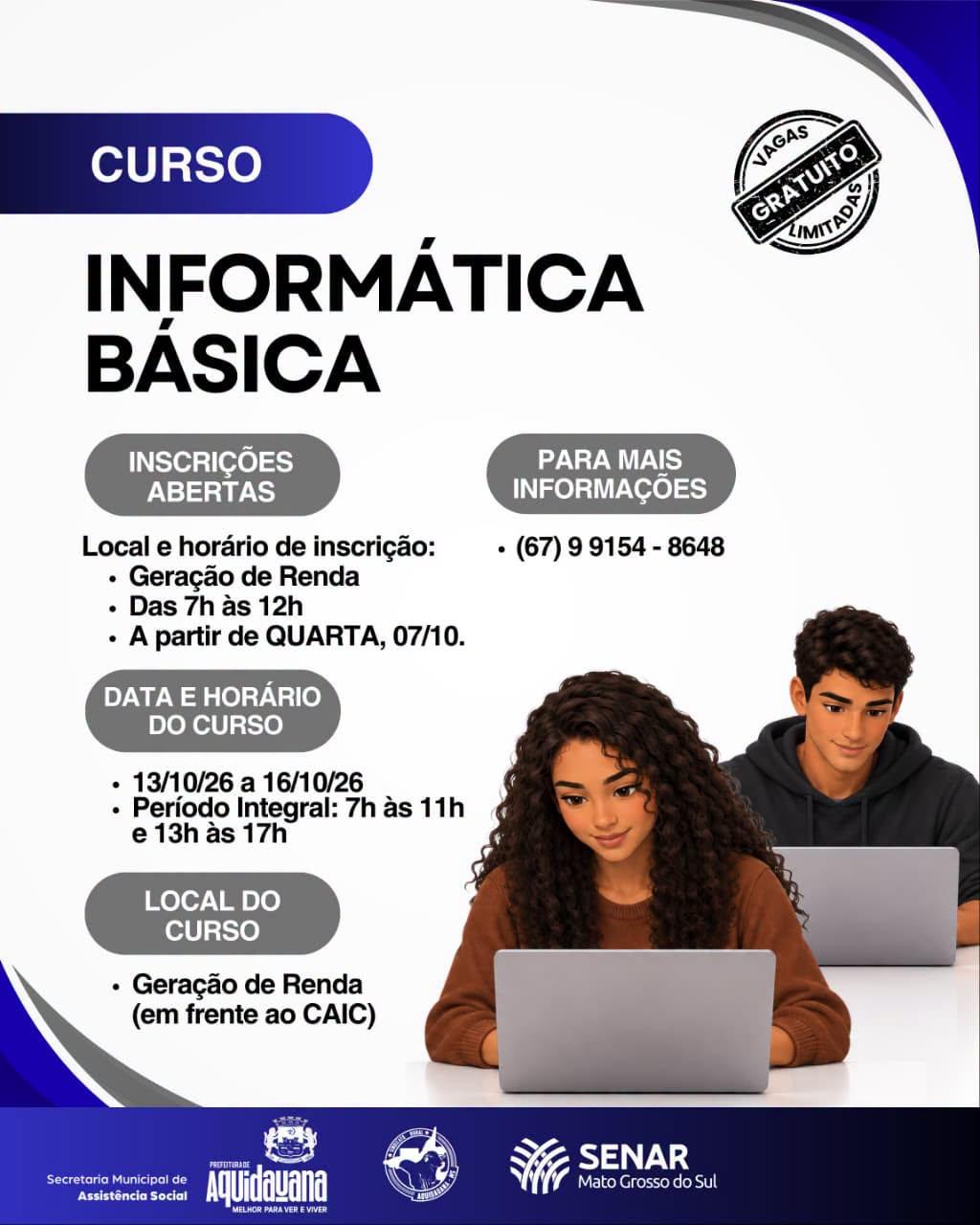 Geração de Emprego e Renda abre inscrições para curso de Informática Básica
